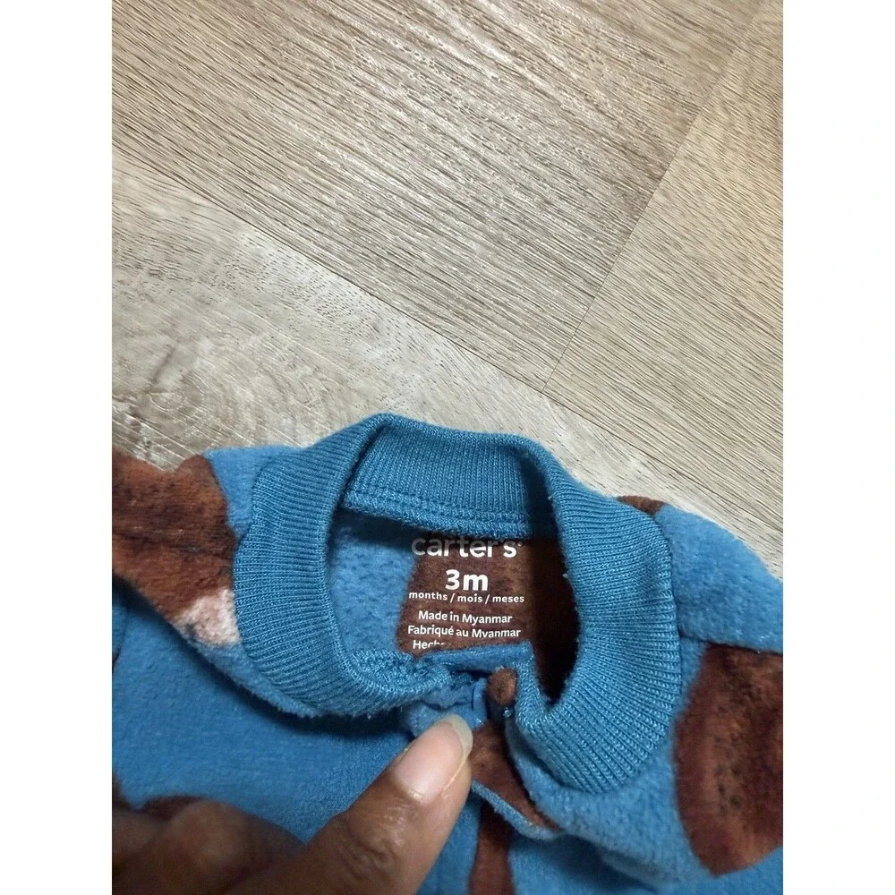 Carters 3 Month Fleece Footed Sleeper Blue Brown Bear Print Zip Up 3D Feet